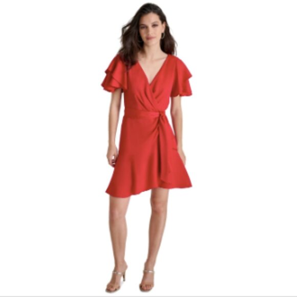 Dkny Petite Satin Flutter-Sleeve Tiered Dress - Red - Picture 1 of 4